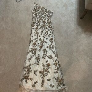 Mac Duggal Cream Gown with Gold Embellishments